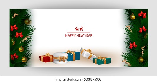 Horizontal design background with white gift boxes and a gold bow with tree branches. Template Invitation For Happy  New Year, Merry Christmas. For a banner, postcards. flyer. Vector
