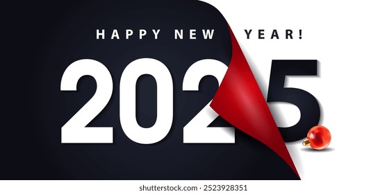 Horizontal Design of congratulations on the New Year 2025. With modern colored numbers and a curved edge of the sheet.