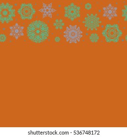Horizontal design with copy space (place for your text). Stock vector illustration falling snow. Snowflakes, snowfall, stylized snow on orange background.