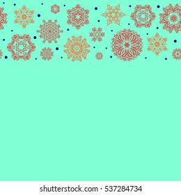 Horizontal design with copy space (place for your text). Stock vector illustration falling snow. Snowflakes, snowfall, stylized snow on blue background.