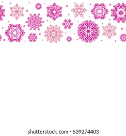Horizontal design with copy space (place for your text). Stock vector illustration falling snow. Snowflakes, snowfall in pink and magenta colors on a white background.