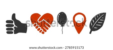 Horizontal design element layout bundle packed with hand drawn grunge marker doodles featuring heart shape thumbs up handshake map pin and leaf textures for urban lifestyle print clip art.