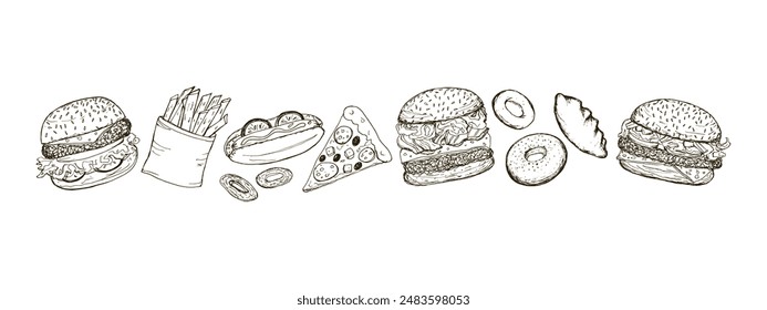 Horizontal design of fast food drawings. Vector doodle image of burger, hot dog, French fries and slice of pizza. Unhealthy snack, not healthy lifestyle. Delicious food drawn by hand.