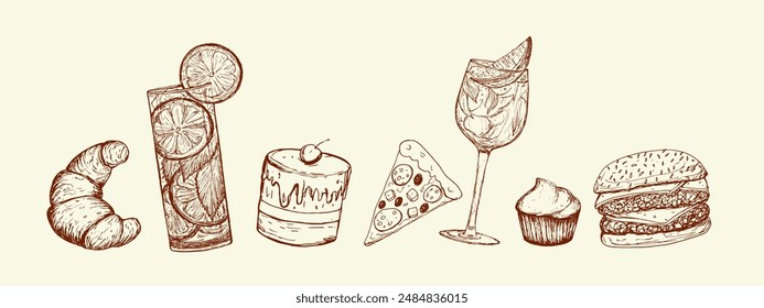 Horizontal design of fast food drawings. Vector doodle image of drinks, cupcake, croissant, burger and slice of pizza. Unhealthy snack, not healthy lifestyle. Delicious food drawn by hand.