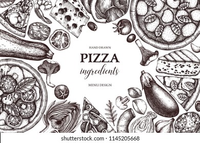 Horizontal design with hand drawn italian pizza ingradients sketches. Vector frame for pizzeria or cafe menu. Top view fast food illustration. Vintage template. Hero image.