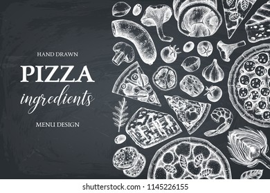 Horizontal design with hand drawn italian pizza ingradients sketches. Vector frame for pizzeria or cafe menu. Top view fast food illustration. Vintage template. on chalkboard