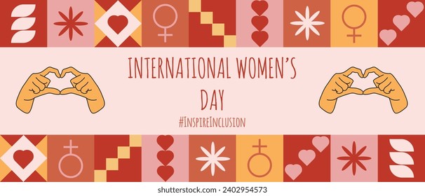 Horizontal Design Inspire Inclusion holiday card. Internation Women's Day poster template in trendy Geometric style. Vector illustration can used web and social media banner, card. Editable stroke 