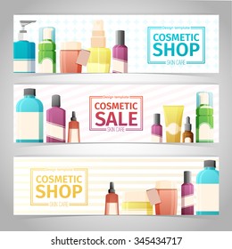 Horizontal design template of brochures, booklets, posters, banners about cosmetics shop. Design with bottles, tube of decorative cosmetics. Cosmetic bottle for skin care. Skin care cosmetic sale.