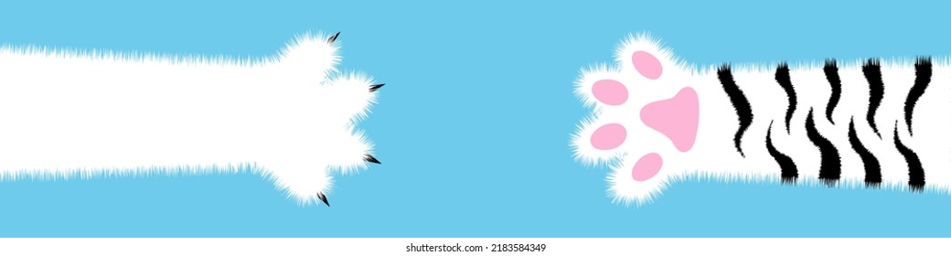 Horizontal design template with fluffy paw of cute Cartoon tabby cat for World Cat Day holiday concept banner, postcard, poster. Flat illustration of national pet day paw vector background