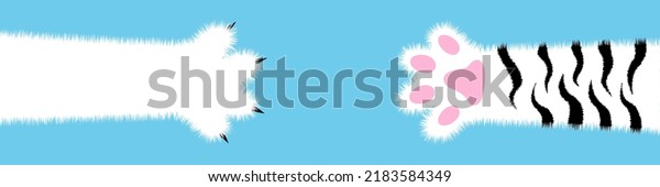 Horizontal\
design template with fluffy paw of cute Cartoon tabby cat for World\
Cat Day holiday concept banner, postcard, poster. Flat illustration\
of national pet day paw vector\
background