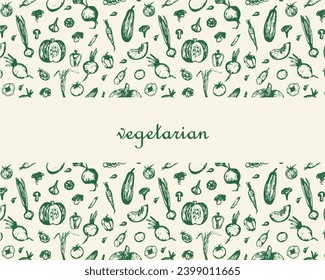 Diseño horizontal de conjunto vegetariano. Esbozo de verduras, ilustración dibujada a mano. Cosecha, vegetarianismo. Cartel de comida saludable, nutrición adecuada.