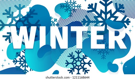 Horizontal Design winter template banner with abstract geometric shape background. Cold blue style layout for season offer or sale with snowflake and fluid graphic dynamic decoration backdrop. Vector.