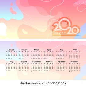 Horizontal desk calendar, 2020, in English, in trendy style with colorful spots, abstract background, two sides