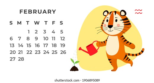 Horizontal desktop calendar design template for February 2022, the year of the Tiger in the Chinese calendar. Calendar with zodiac signs. The week starts on Sunday. Vector stock flat illustration.