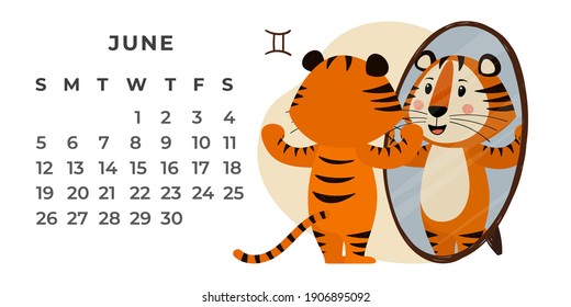 Horizontal desktop calendar design template for June 2022, the year of the Tiger in the Chinese calendar. Calendar with zodiac signs. The week starts on Sunday. Vector stock flat illustration.