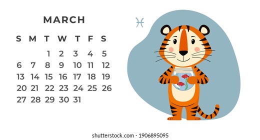 Horizontal desktop calendar design template for March 2022, the year of the Tiger in the Chinese calendar. Calendar with zodiac signs. The week starts on Sunday. Vector stock flat illustration.