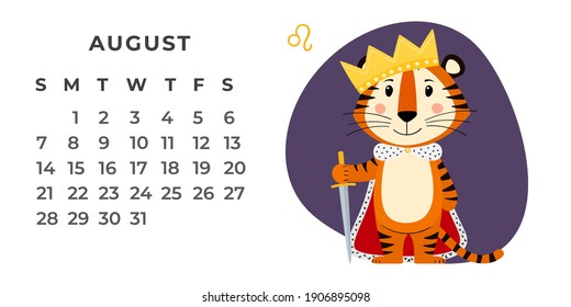 Horizontal desktop calendar design template for August 2022, the year of the Tiger in the Chinese calendar. Calendar with zodiac signs. The week starts on Sunday. Vector stock flat illustration.