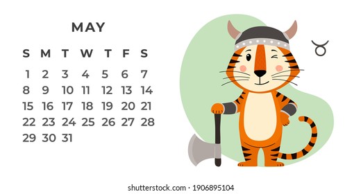 Horizontal desktop calendar design template for May 2022, the year of the Tiger in the Chinese calendar. Calendar with zodiac signs. The week starts on Sunday. Vector stock flat illustration.