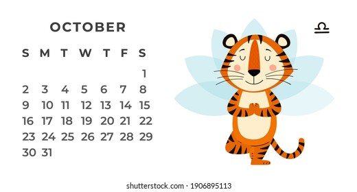 Horizontal desktop calendar design template for October 2022, the year of the Tiger in the Chinese calendar. Calendar with zodiac signs. The week starts on Sunday. Vector stock flat illustration.