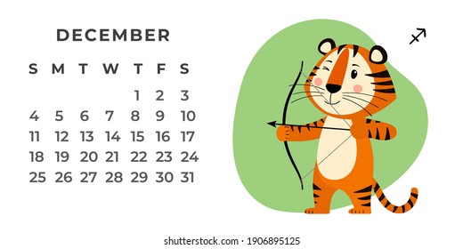 Horizontal desktop calendar design template for December 2022, the year of the Tiger in the Chinese calendar. Calendar with zodiac signs. The week starts on Sunday. Vector stock flat illustration.