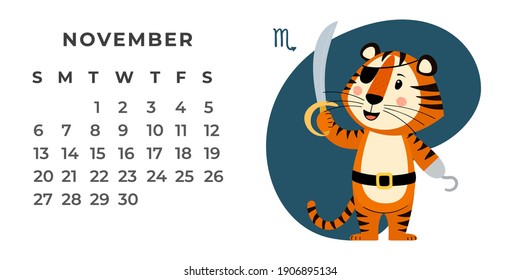 Horizontal desktop calendar design template for November 2022, the year of the Tiger in the Chinese calendar. Calendar with zodiac signs. The week starts on Sunday. Vector stock flat illustration.