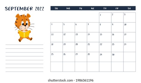Horizontal desktop calendar page template for September 2022 with a cartoon Chinese year symbol. The week starts on Sunday. Tiger reads a book