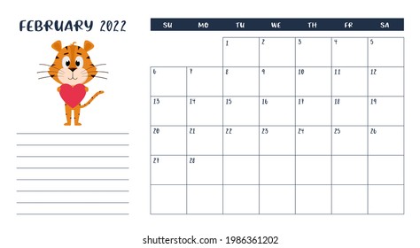 Plantilla de la página del calendario de escritorio horizontal para febrero de 2022 con un símbolo del año chino de dibujos animados. La semana empieza el domingo. Un tigre sostiene un corazón en sus patas.