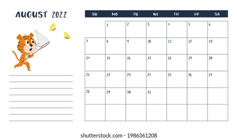 Plantilla de página de calendario de escritorio horizontal para agosto de 2022 con un símbolo de tigre de dibujos animados del año chino. La semana empieza el domingo. El tigre atrapa mariposas con una red