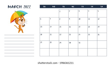 Horizontal desktop calendar page template for March 2022 with a cartoon Chinese year symbol. The week starts on Sunday. Tiger walks under an umbrella.