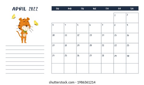 Horizontal desktop calendar page template for April 2022 with a cartoon tiger symbol of the Chinese year. The week starts on Sunday. Tiger sniffs daisies