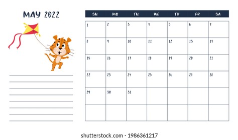 Horizontal desktop calendar page template for May 2022 with a cartoon tiger symbol of the Chinese year. The week starts on Sunday. Tiger launches a kite.