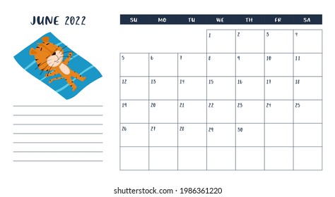 Horizontal desktop calendar page template for June 2022 with a cartoon Chinese year symbol. The week starts on Sunday. Tiger sunbathes on the mat