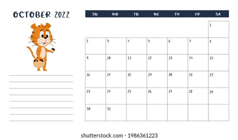 Horizontal desktop calendar page template for October 2022 with a cartoon Chinese year symbol. The week starts on Sunday. Tiger collects mushrooms