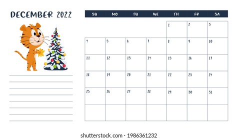 Horizontale Desktop-Kalender-Vorlage für Dezember 2022 mit einem Cartoon chinesischen Jahressymbol. Die Woche beginnt am Sonntag. Tigerkleider auf einem Weihnachtsbaum