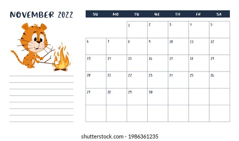 Horizontal desktop calendar page template for November 2022 with a cartoon Chinese year symbol. The week starts on Sunday. Tiger roasts marshmallows on fire.