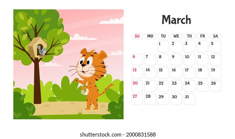 Horizontal desktop calendar page template for March 2022 with a cartoon tiger symbol of the Chinese year. The week starts on Sunday. A tiger feeds a bird in a tree