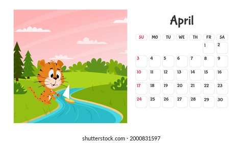 Horizontal desktop calendar page template for April 2022 with a cartoon tiger symbol of the Chinese year. The week starts on Sunday. Tiger launches a boat on the stream