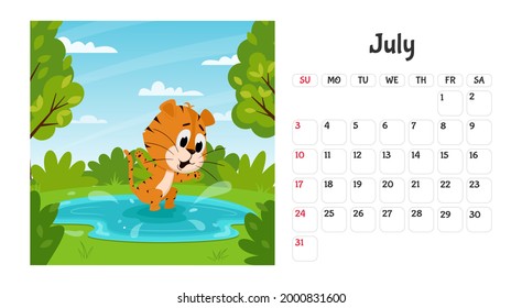 Horizontal desktop calendar page template for July 2022 with a cartoon tiger symbol of the Chinese year. The week starts on Sunday. Tiger jumps in the lake, swims.