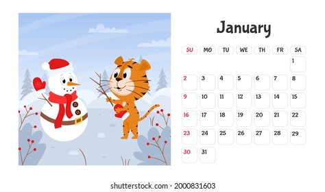 Horizontal desktop calendar page template for January 2022 with the Chinese year symbol cartoon tiger. The week starts on Sunday. Tiger makes a snowman