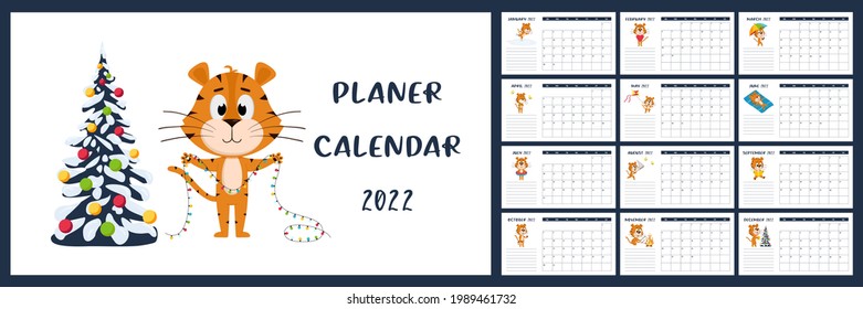 Plantilla horizontal de calendario de escritorio 2022. La semana empieza el domingo. Calendario listo para imprimir con la caricatura del año chino Tiger. Un conjunto de 12 páginas y una portada. Todos los meses. fondo blanco.
