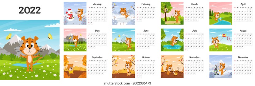 Horizontal Desktop Calendar Template 2022. The week starts on Sunday. Ready-to-print calendar with Chinese year symbol cartoon Tiger. A set of 12 pages and a cover. All months.landscape background