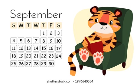 Horizontal desktop children's calendar design for September 2022, the year of the Tiger in the Chinese calendar. Cute tiger reading a book while sitting in a green armchair. The week starts on Sunday