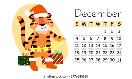 Horizontal desktop children's calendar design for December 2022, the year of the Tiger in the Chinese calendar. Cute tiger in santa costume with garland and gifts. Christmas. Vector illustration