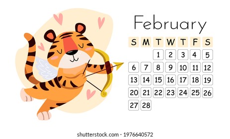 Horizontal desktop children's calendar design template for February 2022, the year of the Tiger in the Chinese calendar. Cute tiger cub angel cupid with bow and arrow. The week starts on Sunday.