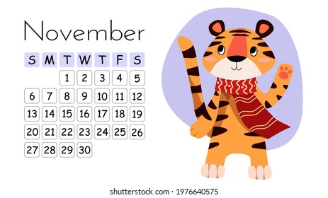 Horizontal desktop children's calendar design template for November 2022, the year of the Tiger in the Chinese calendar. Cute tiger in a red scarf waving his paw. The week starts on Sunday. Vector
