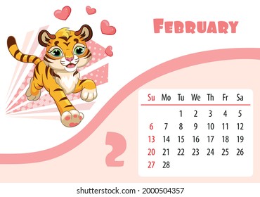 Horizontal desktop childrens calendar design for February 2022, the year of the Tiger in the Chinese calendar. Cute running tiger cub character with hearts. Vector illustration. Week start in Sunday.