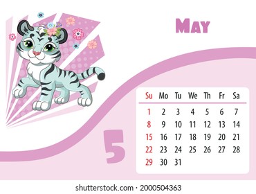 Horizontal desktop childrens calendar design for May 2022, the year of the Tiger in the Chinese calendar. Cute tiger cub character with flowers. Vector illustration. Week start in Sunday.
