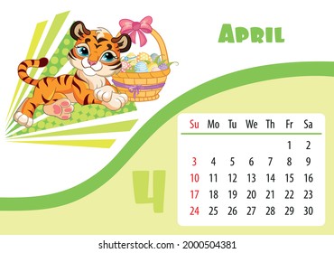 Horizontal desktop childrens calendar design for April 2022, the year of the Tiger in the Chinese calendar. Cute tiger character with basket of Easter eggs. Vector illustration. Week start in Sunday.
