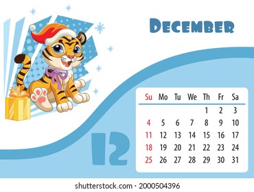 Horizontal desktop childrens calendar design for December 2022, the year of the Tiger in the Chinese calendar. Cute tiger cub with snowflakes and presents. Vector illustration. Week start in Sunday.