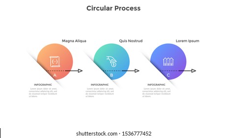 Horizontal diagram with 3 gradient colored round elements connected by arrows. Concept of three steps of project development. Flat infographic design template. Vector illustration for progress bar.